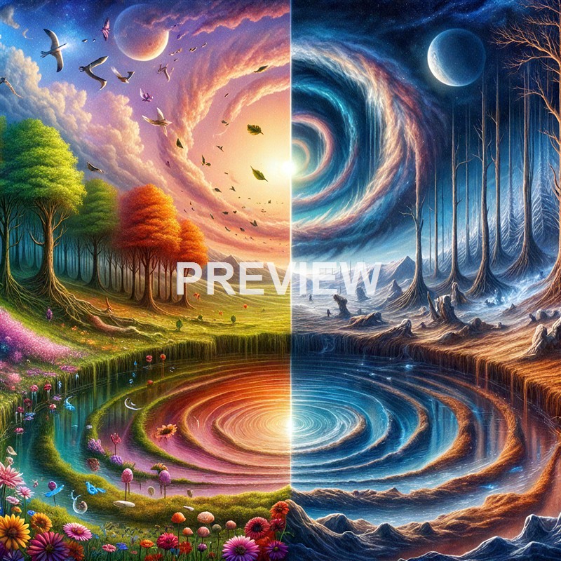The image is a surreal split landscape with the left side depicting a colorful, vibrant scene of lush trees, flowers, birds, and a rainbow, while the right side shows a dark, icy, barren landscape with twisted trees, mountains, and a swirling cosmic vortex in the sky.